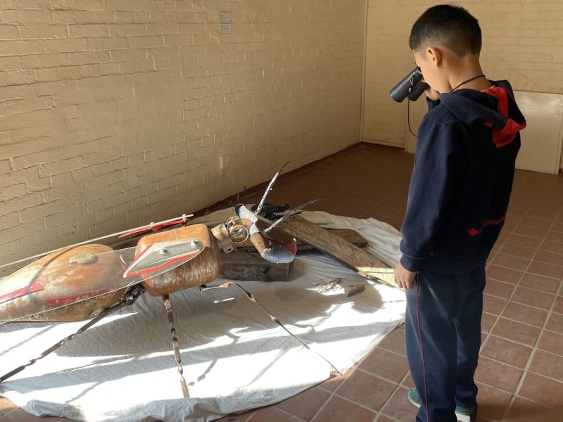 A young boy looks through his binoculars at a queen ant sculpture made out of waste materials like old motorcycle parts