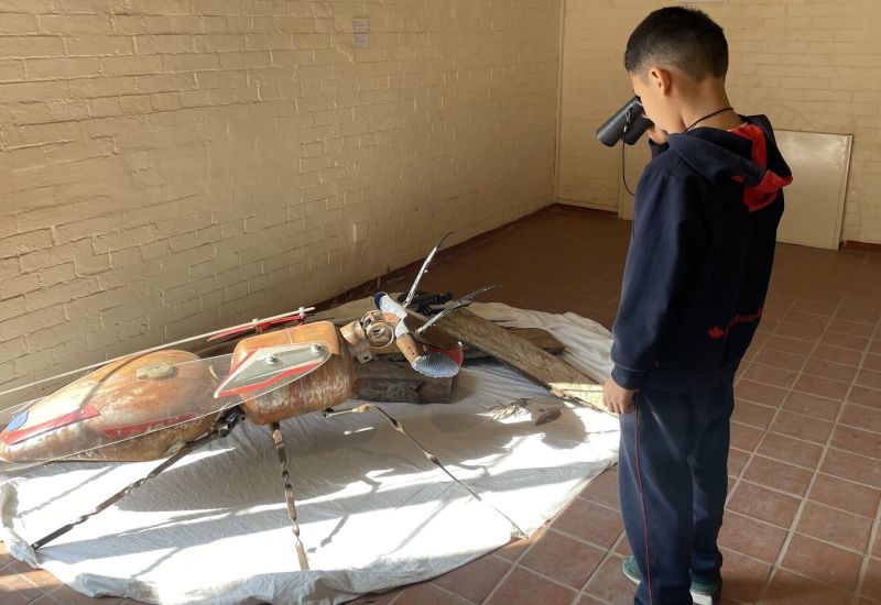 A young boy looks through his binoculars at a queen ant sculpture made out of waste materials like old motorcycle parts